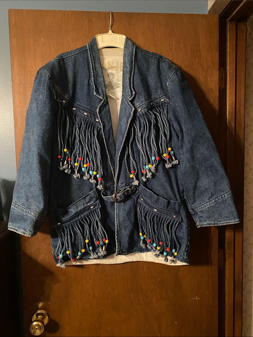 Denim Fringe Jacket with Colorful Bead Accents